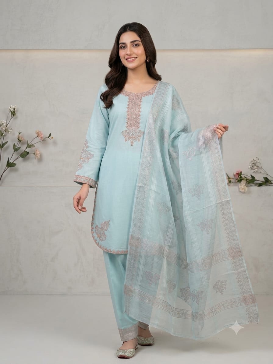 3-piece stitched and embroidered Farshi Shalwar suits