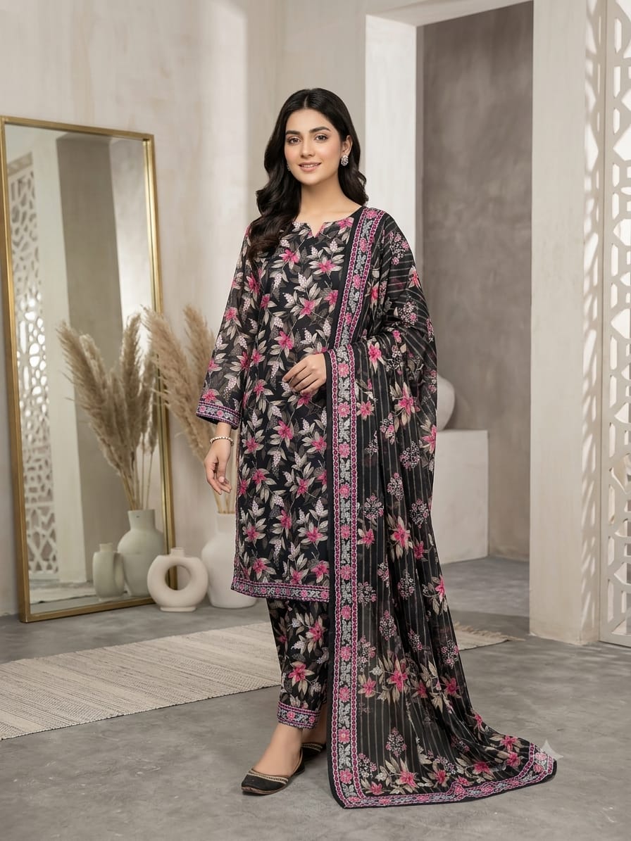 Bin Saeed Stitched 3 Piece Exclusive Printed Lawn Vol-18 Suit-LSM-3436-MAROON