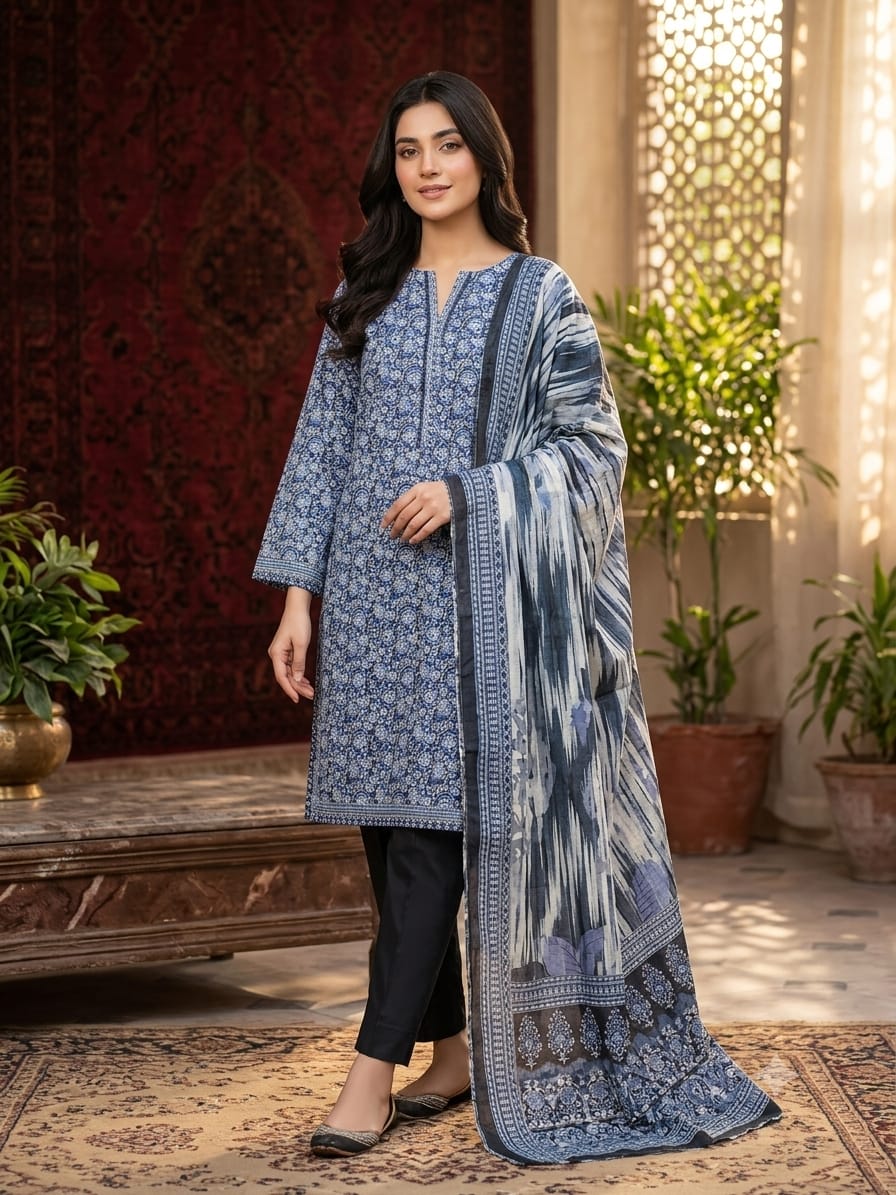 Bin Saeed Stitched 3 Piece Exclusive Printed Lawn Vol-18 Suit-LSM-3436-MAROON
