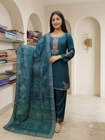 3-piece stitched and embroidered Farshi Shalwar suits