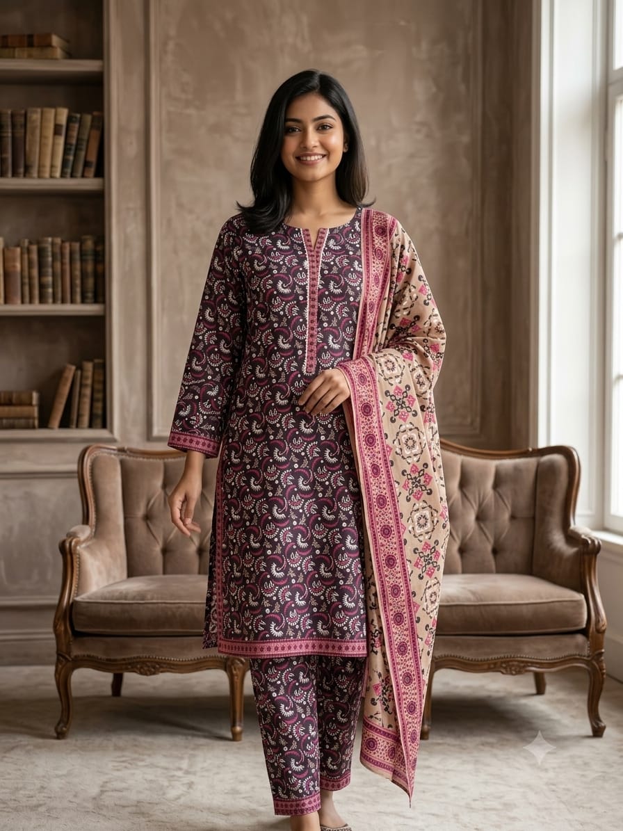 Bin Saeed Stitched 3 Piece Exclusive Printed Lawn Vol-18 Suit-LSM-3436-MAROON