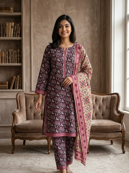 Bin Saeed Stitched 3 Piece Exclusive Printed Lawn Vol-18 Suit-LSM-3436-MAROON