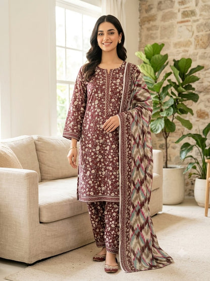 Bin Saeed Stitched 3 Piece Exclusive Printed Lawn Vol-18 Suit-LSM-3436-MAROON