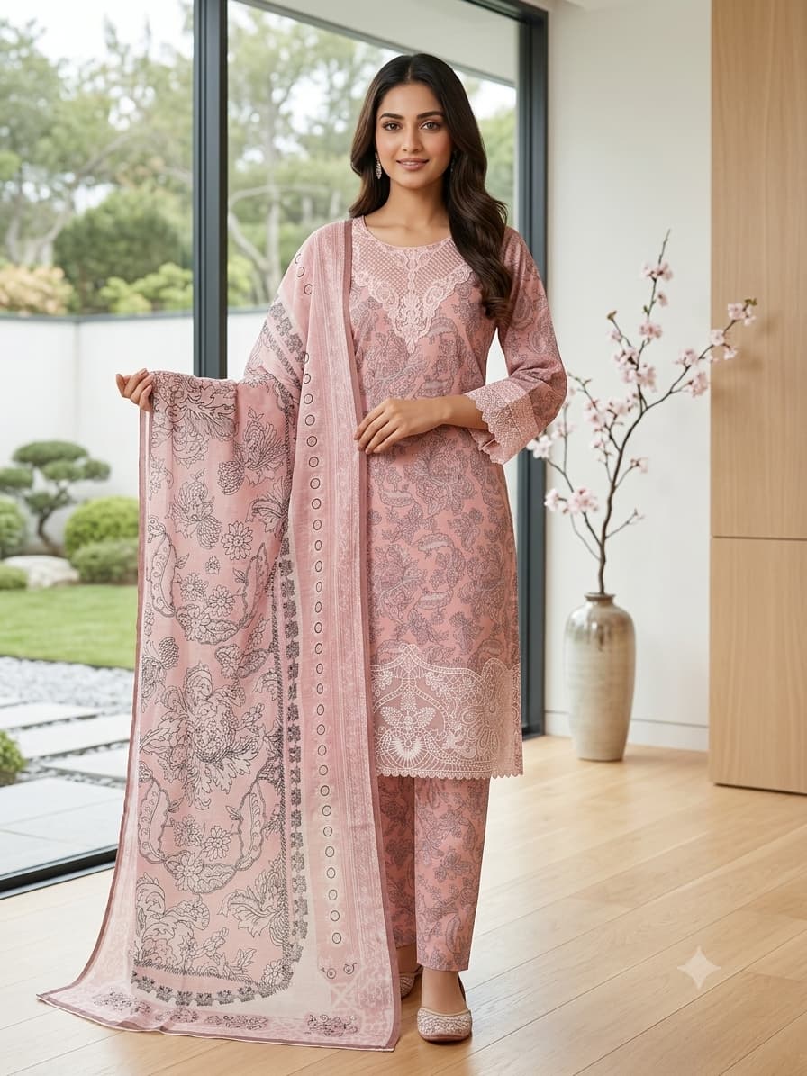 Digital Printed Lawn Suit in Grey Color #M0015