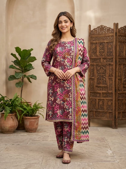 Bin Saeed Stitched 3 Piece Exclusive Printed Lawn Vol-18 Suit-LSM-3436-MAROON