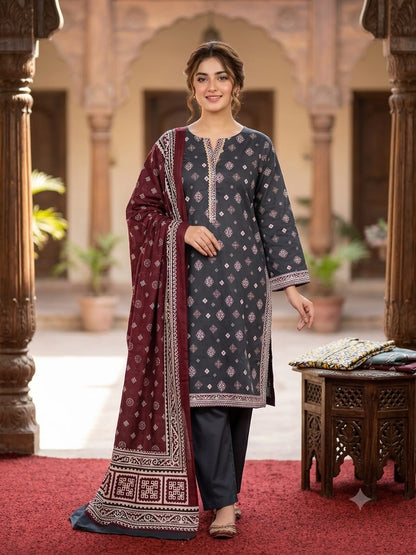 Bin Saeed Stitched 3 Piece Exclusive Printed Lawn Vol-18 Suit-LSM-3436-MAROON