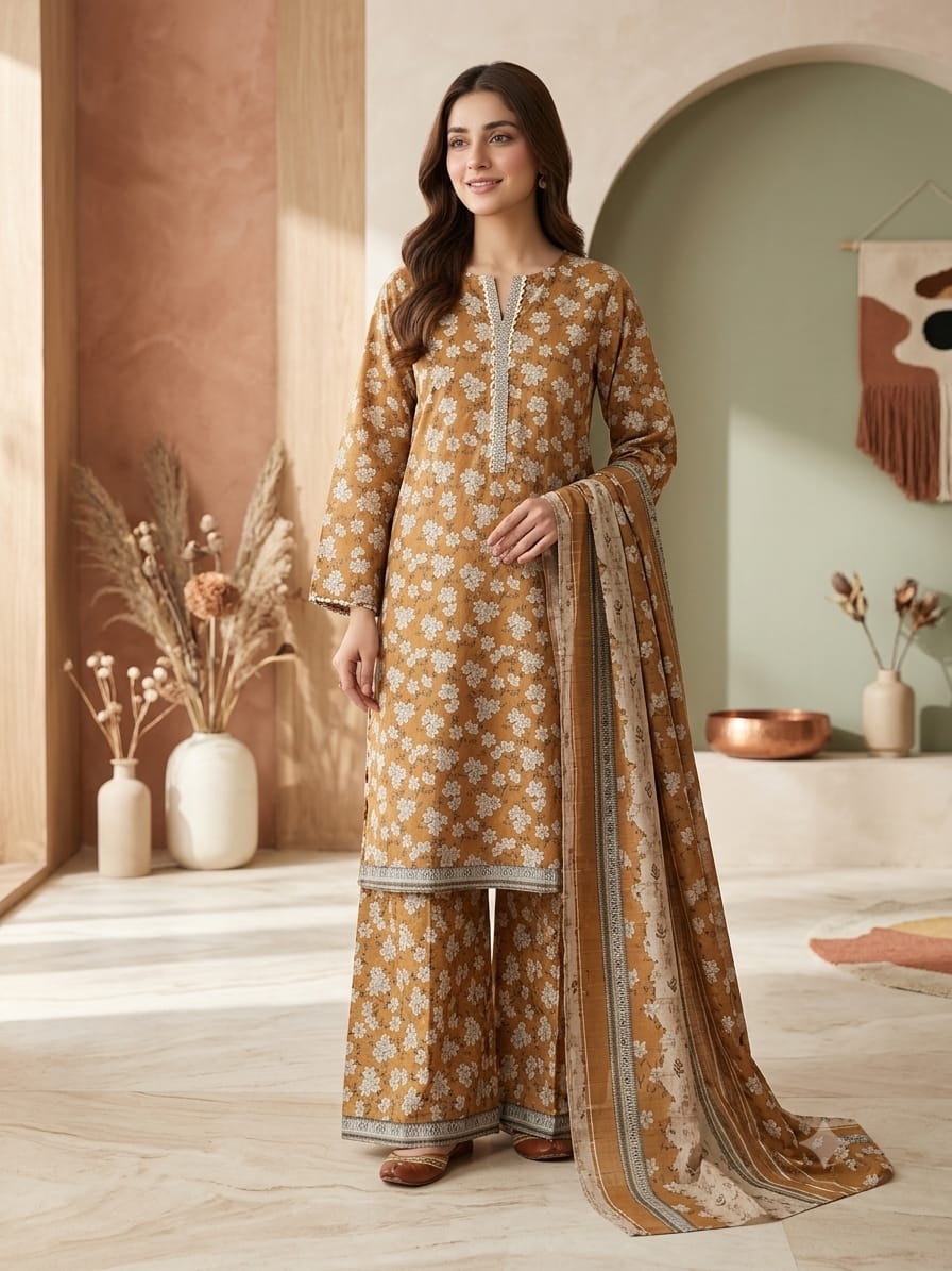 Bin Saeed Stitched 3 Piece Exclusive Printed Lawn Vol-18 Suit-LSM-3436-MAROON