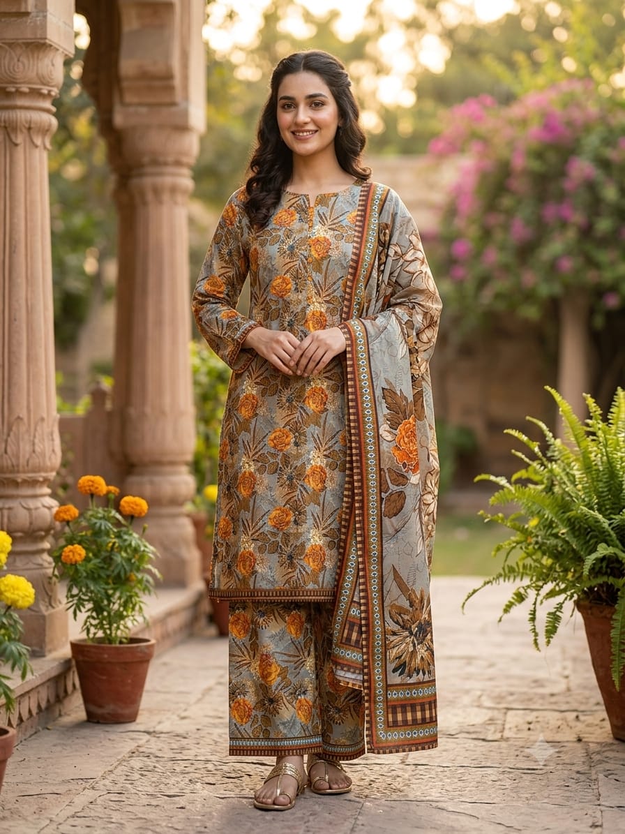 Bin Saeed Stitched 3 Piece Exclusive Printed Lawn Vol-18 Suit-LSM-3436-MAROON