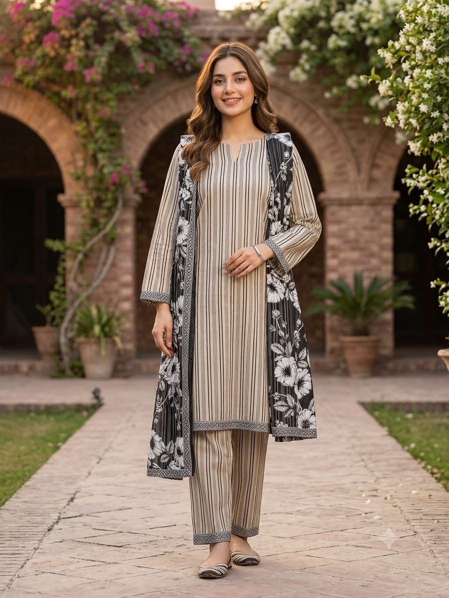 Bin Saeed Stitched 3 Piece Exclusive Printed Lawn Vol-18 Suit-LSM-3436-MAROON