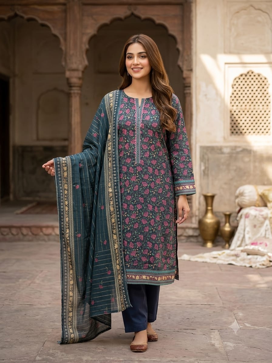 Bin Saeed Stitched 3 Piece Exclusive Printed Lawn Vol-18 Suit-LSM-3436-MAROON