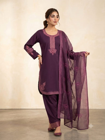 3-piece stitched and embroidered Farshi Shalwar suits