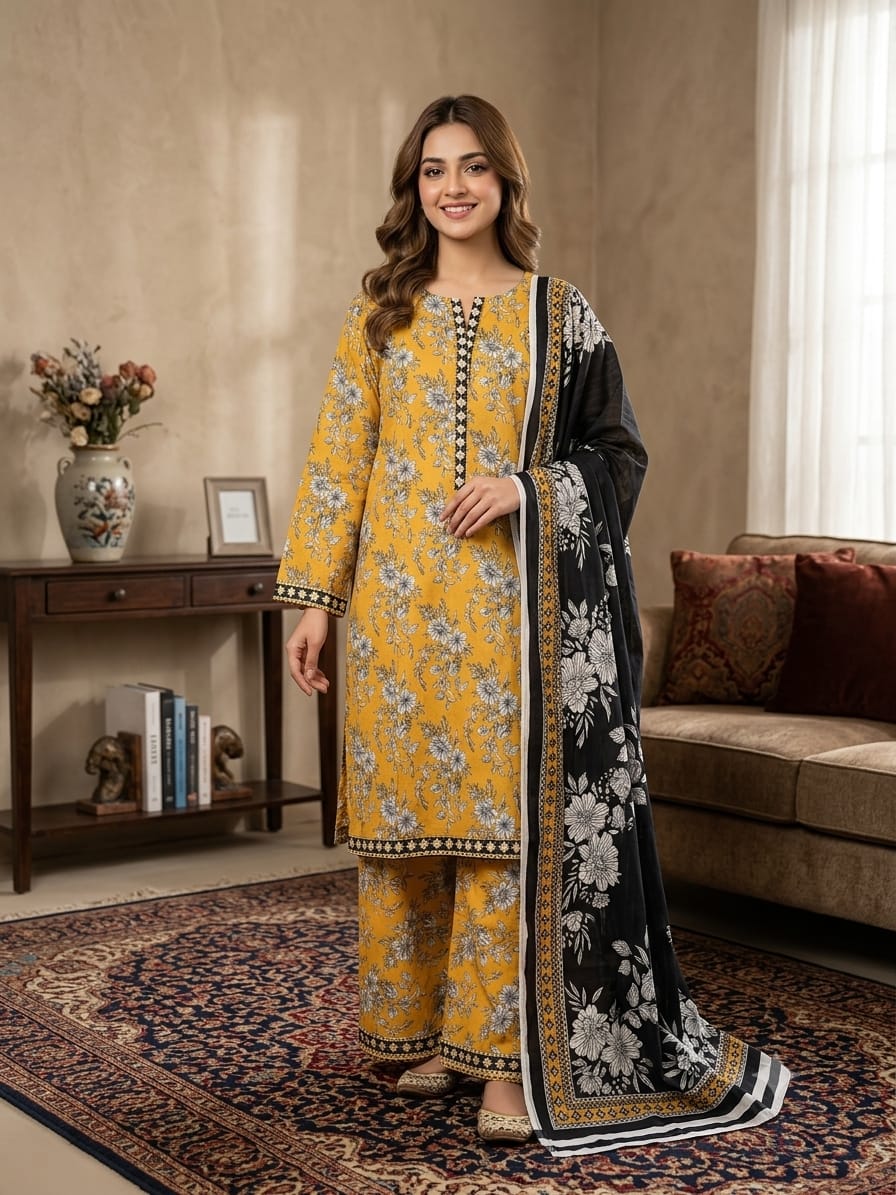 Bin Saeed Stitched 3 Piece Exclusive Printed Lawn Vol-18 Suit-LSM-3436-MAROON