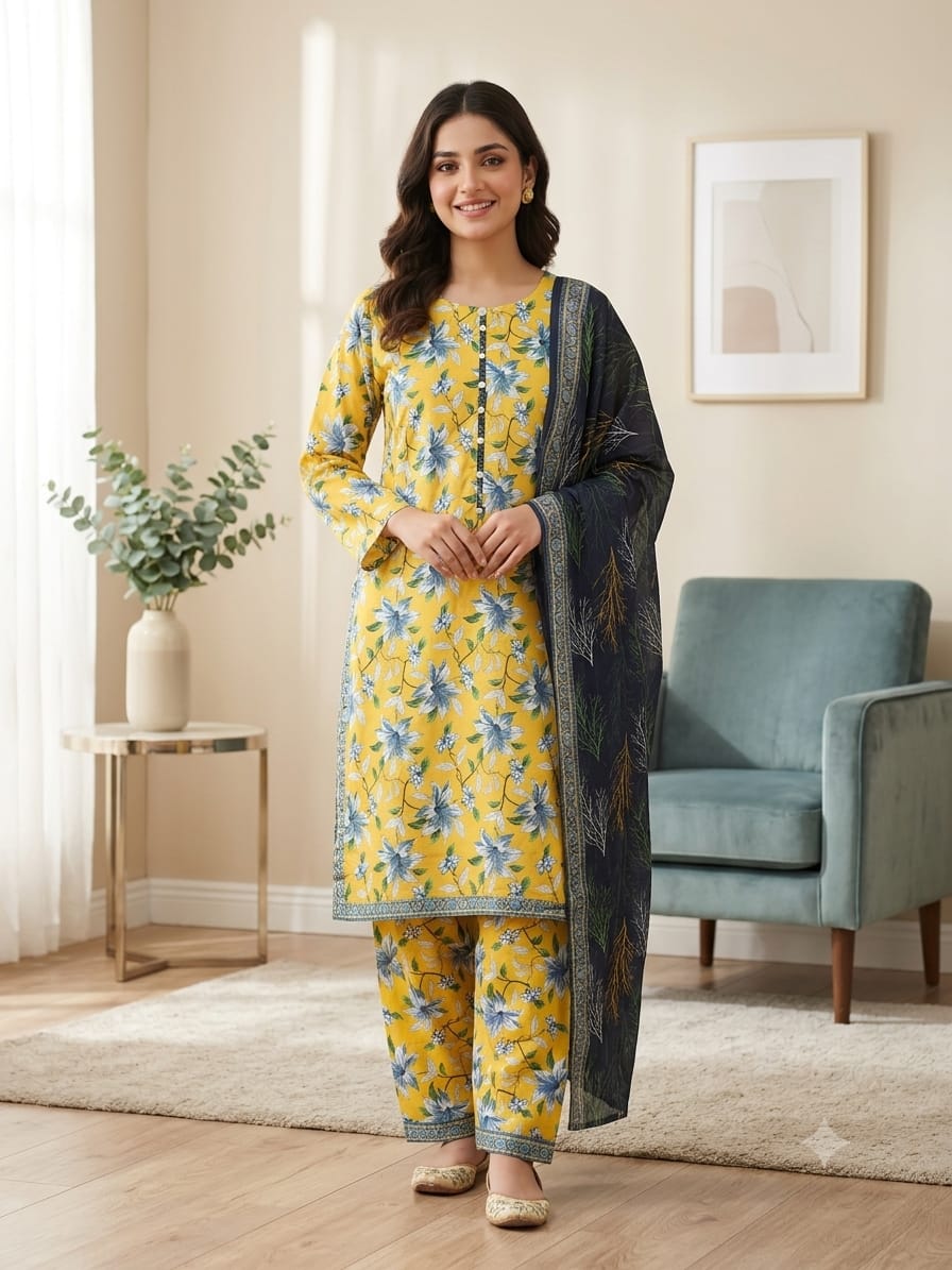 Bin Saeed Stitched 3 Piece Exclusive Printed Lawn Vol-18 Suit-LSM-3436-MAROON