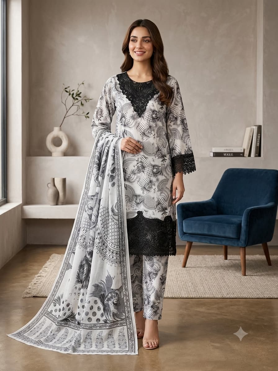 Digital Printed Lawn Suit in Grey Color #M0015