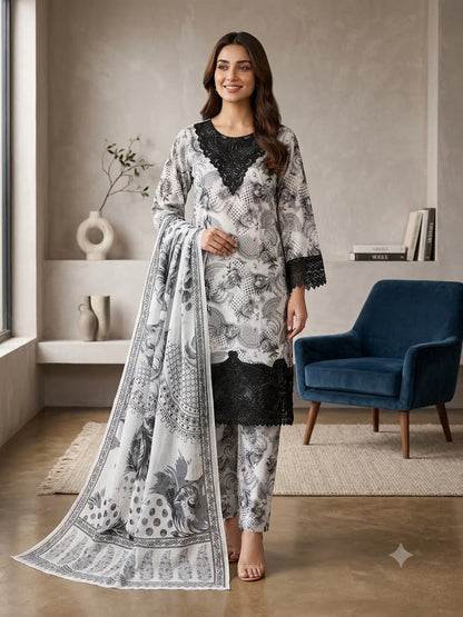 Digital Printed Lawn Suit in Grey Color #M0015
