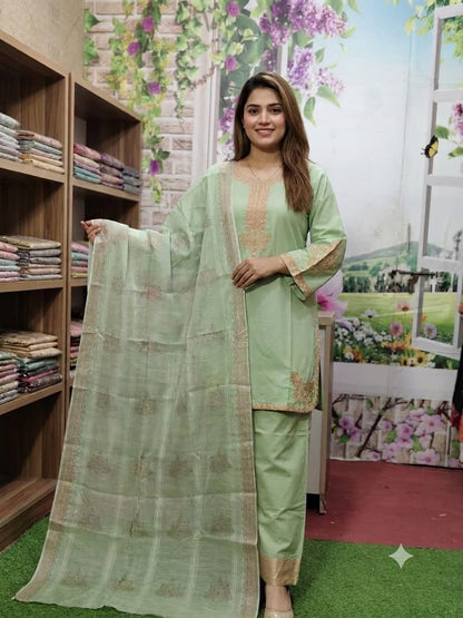 3-piece stitched and embroidered Farshi Shalwar suits