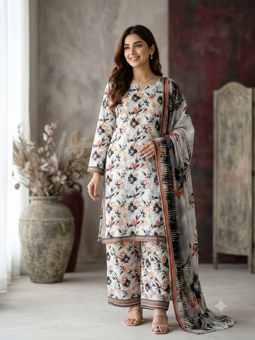 Bin Saeed Stitched 3 Piece Exclusive Printed Lawn Vol-18 Suit-LSM-3436-MAROON