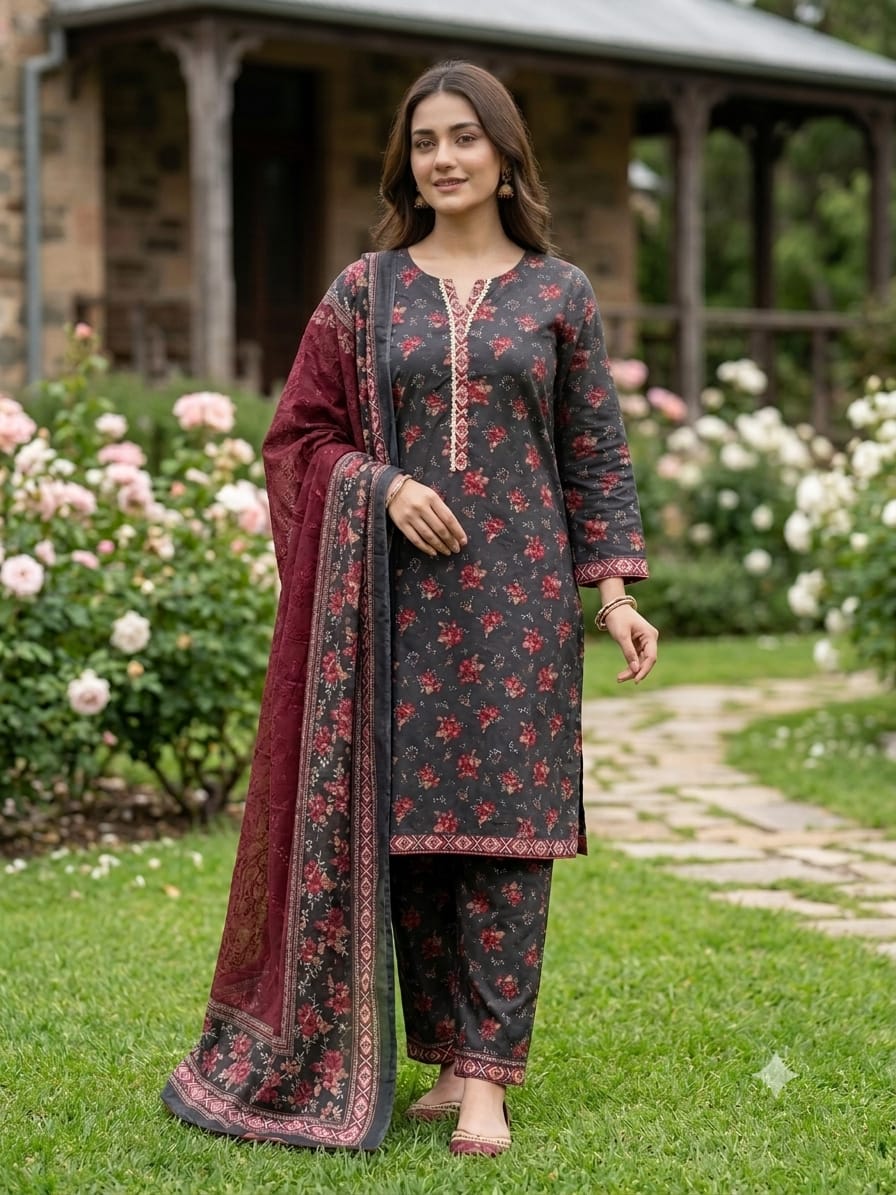 Bin Saeed Stitched 3 Piece Exclusive Printed Lawn Vol-18 Suit-LSM-3436-MAROON